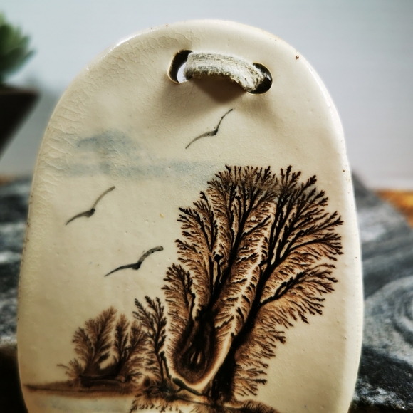 Vintage Irregular Oval Art Pottery Wall Hook with Trees and Birds in Flight - Picture 7 of 13